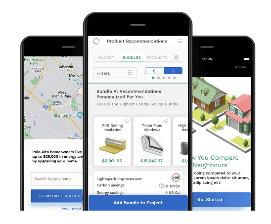Engage mobile screens showing a homeowner's digital home profile and recommended upgrades