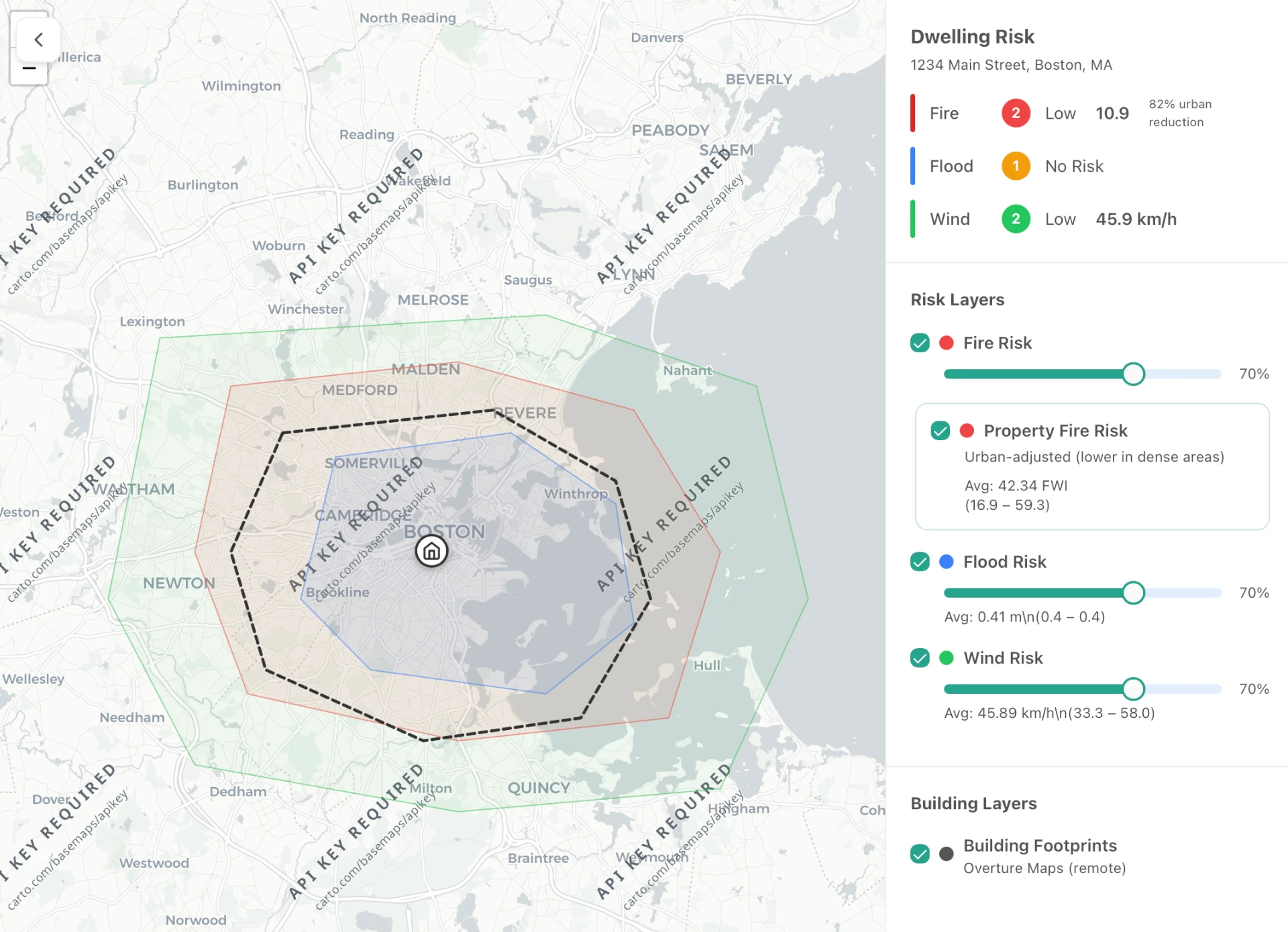Engage Climate Scores screen showing wildfire, flood and wind scores from one to five