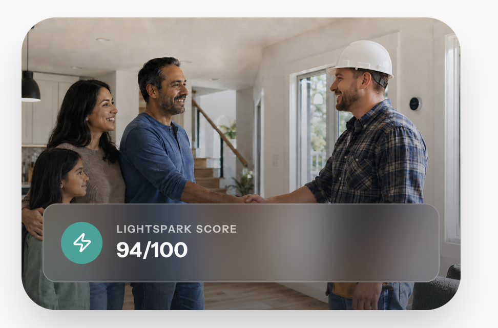 Contractor shaking hands with a homeowner family, with a Lightspark Score of 94 out of 100