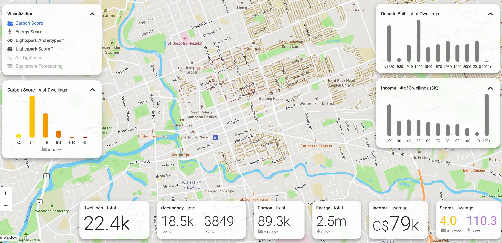 HomeIQ city-scale housing stock map with carbon and energy score overlays