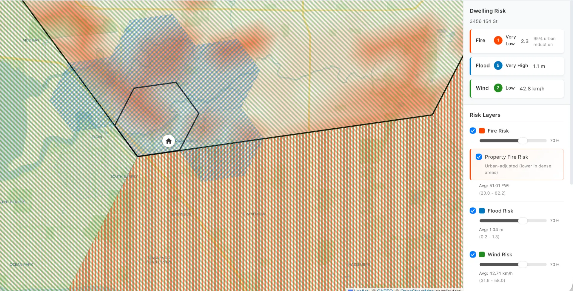 Property intelligence view for a single address showing energy, carbon and risk layers
