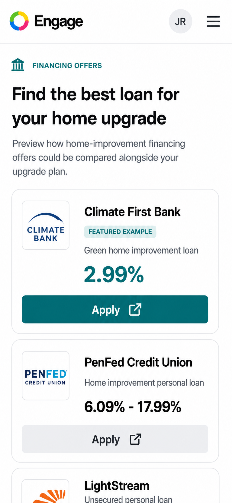 Engage financing screen comparing home-improvement financing options