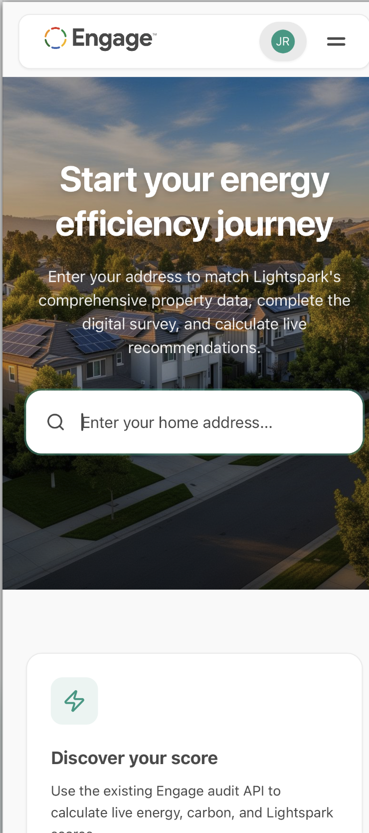 Engage address-entry screen over an aerial neighbourhood