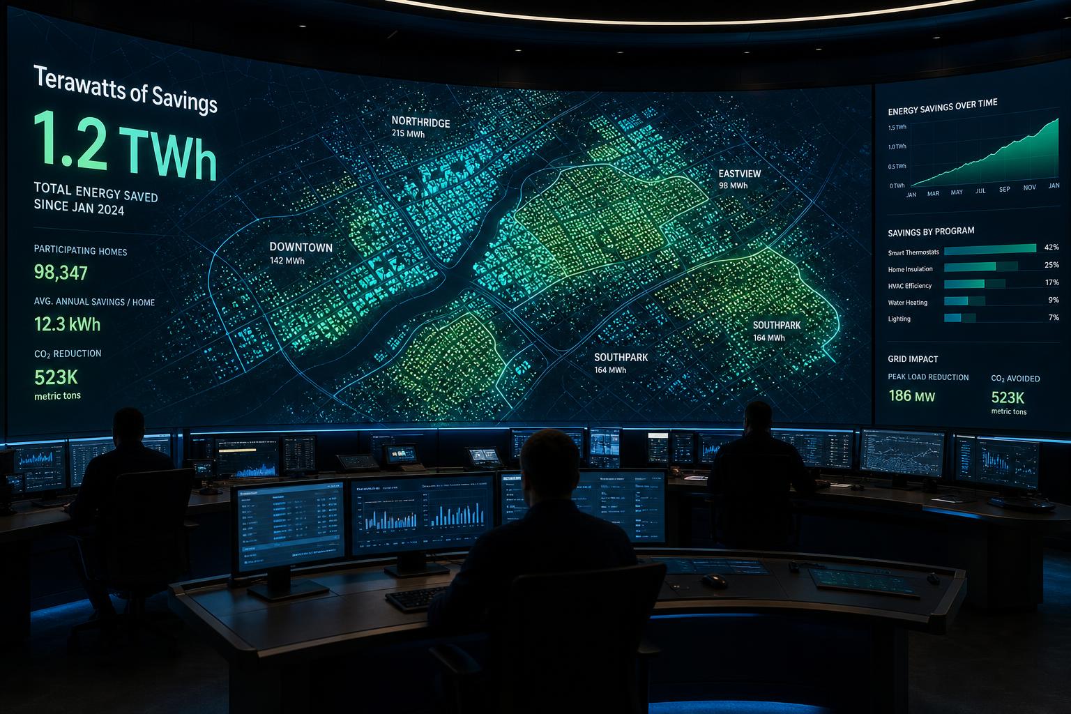 Utility data room with a geospatial map showing terawatts of energy savings across a city