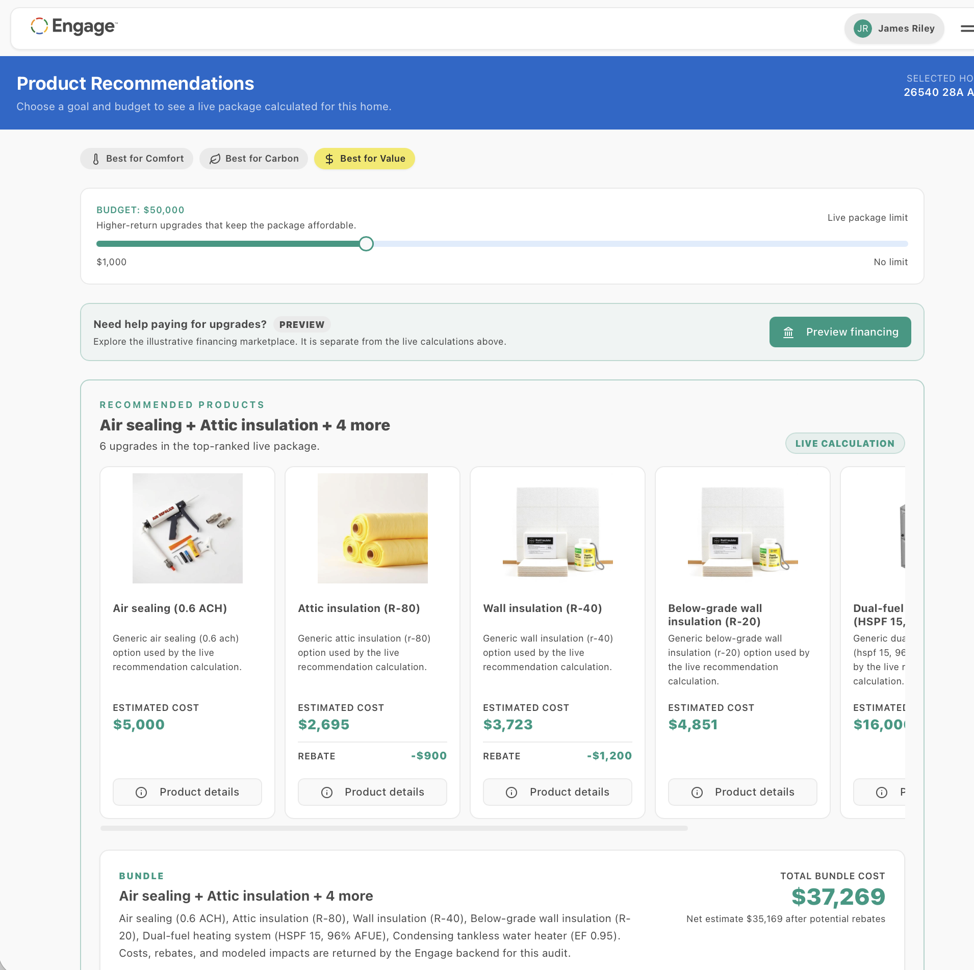 Engage product recommendations screen with upgrade bundles, rebates and savings