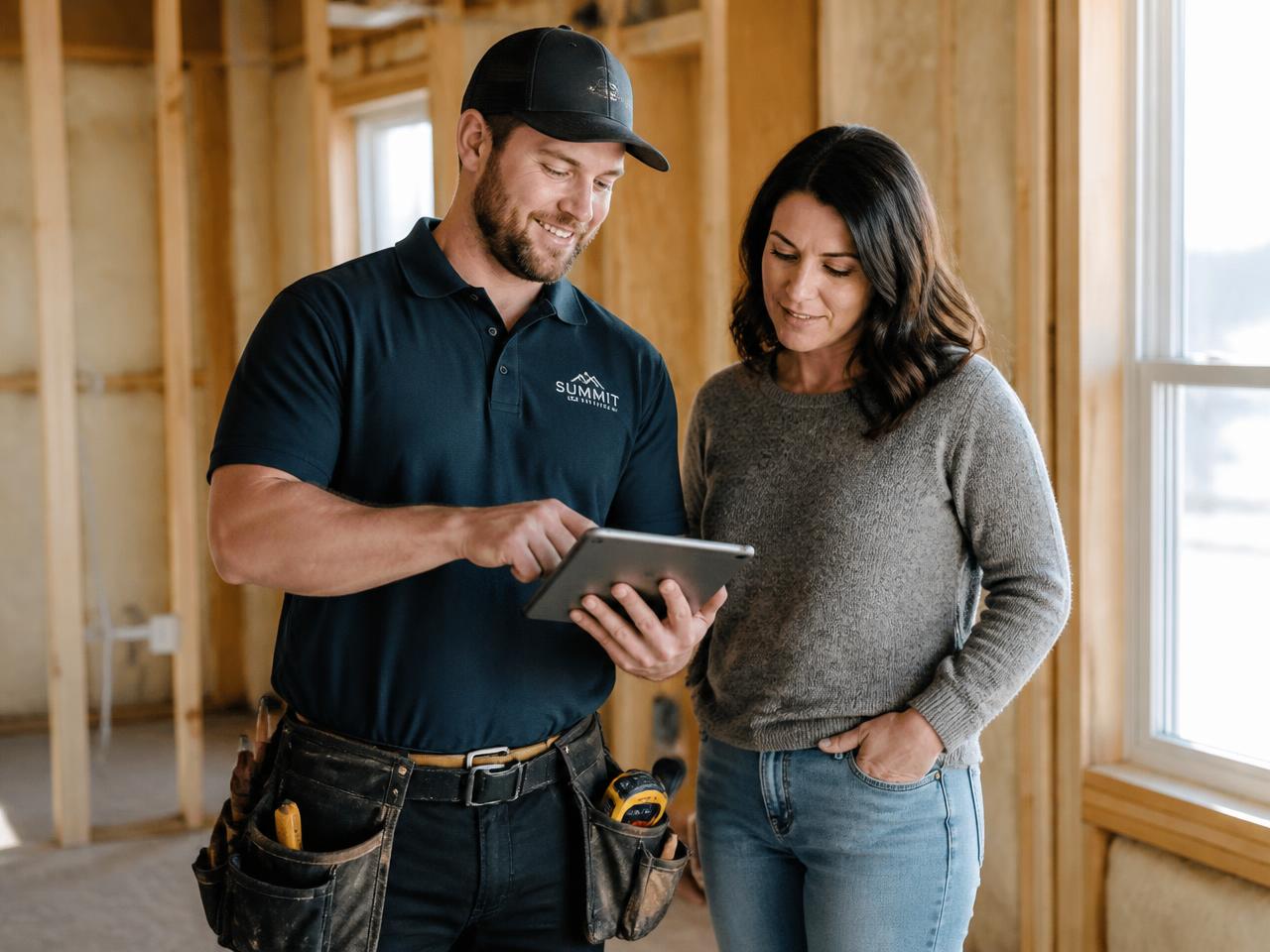 Trade contractor reviewing upgrade options with a homeowner during a home renovation